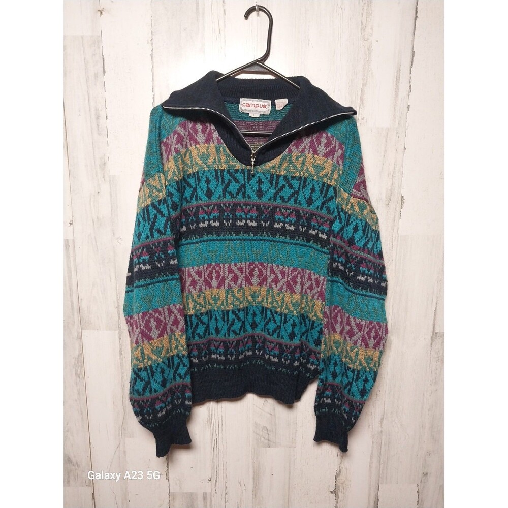 Vintage 90's Campus Colorful Abstract Pattern Zip Up Sweater Large
